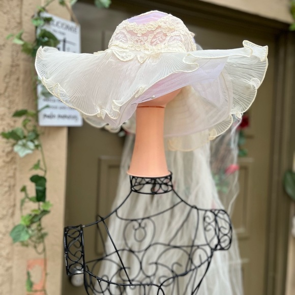 Elegant White Lace Wedding Hat with Veil cream flowers OS main image 7